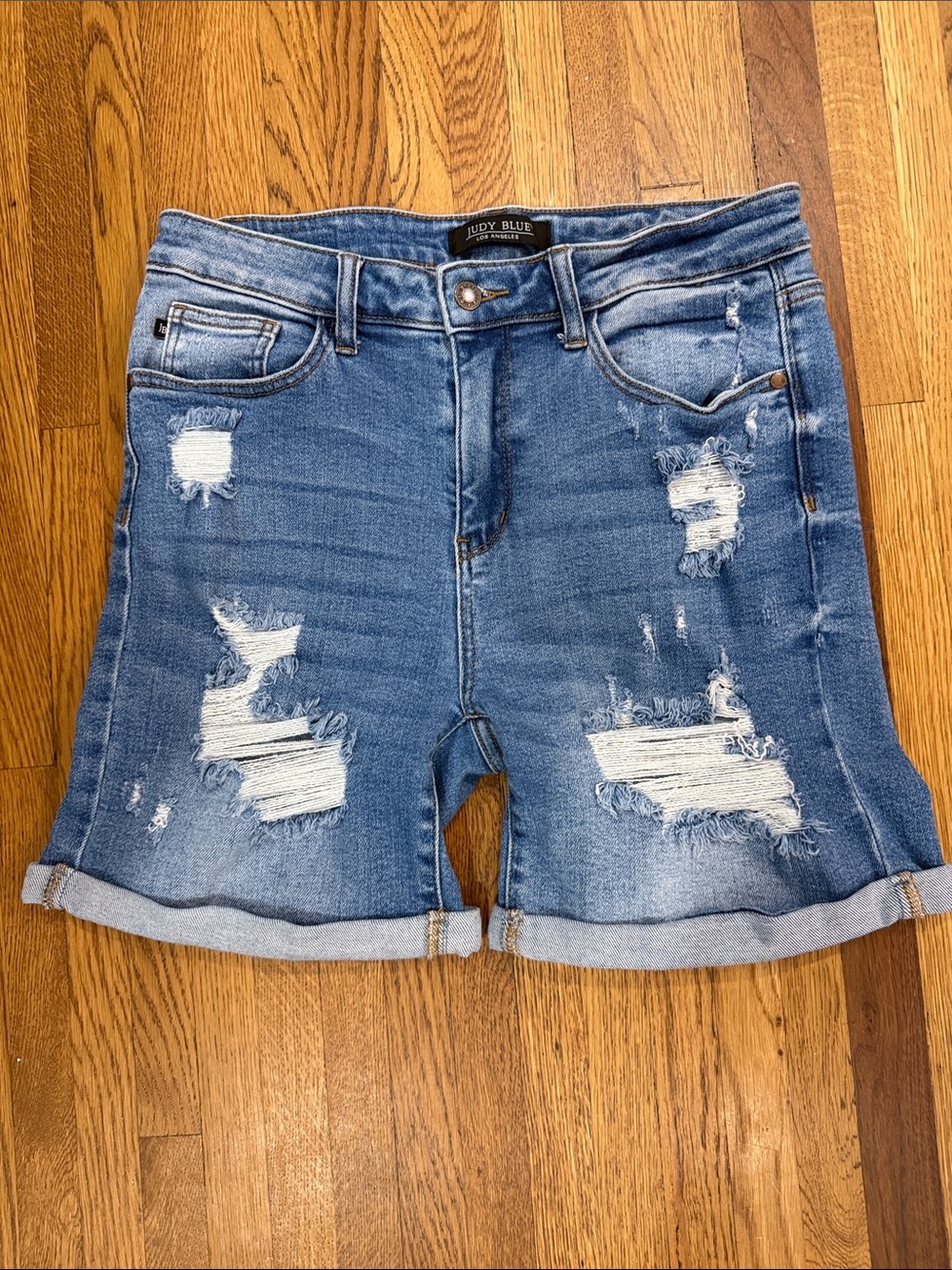 Judy Blue Medium Blue Distressed Rolled-Cuff Denim Shorts